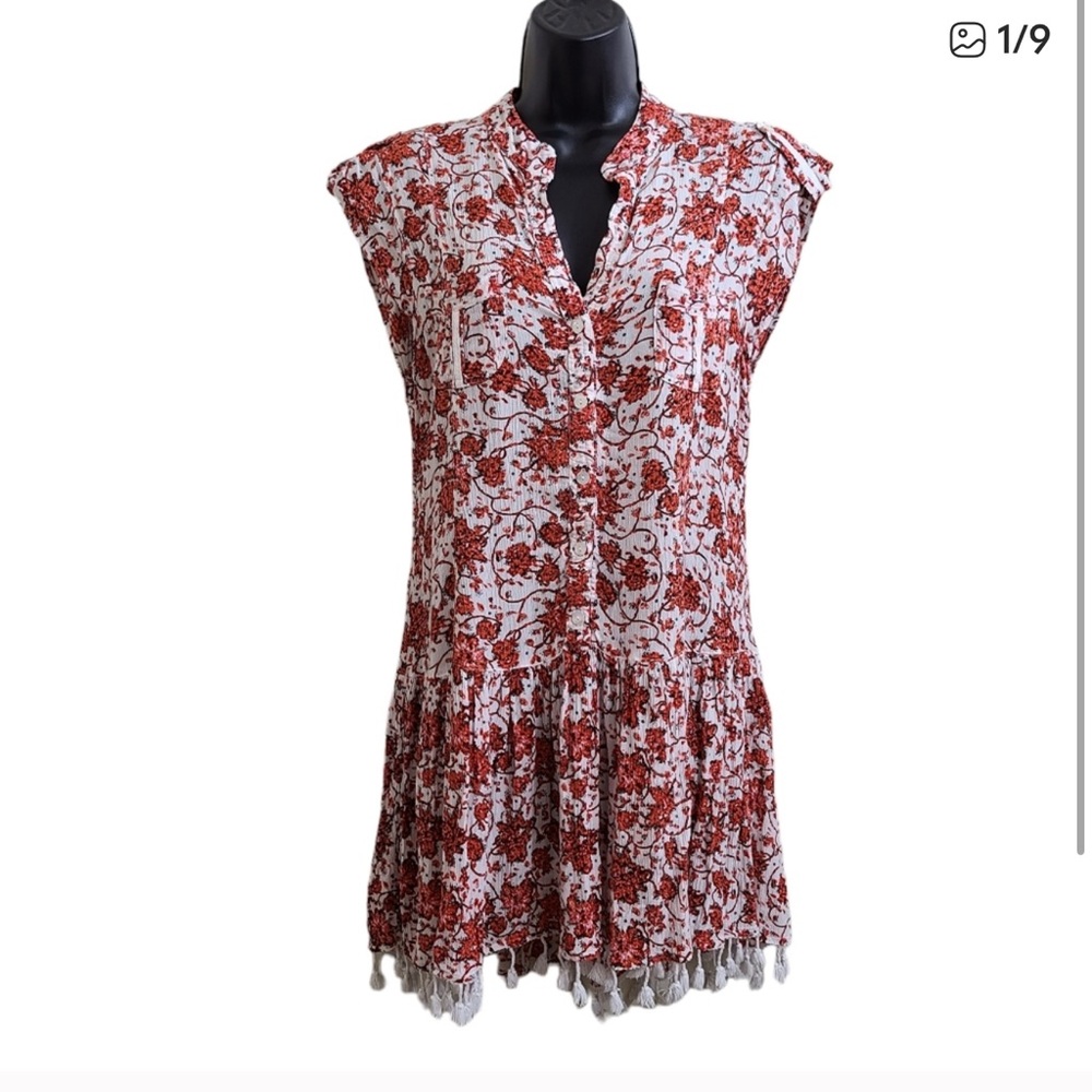 Poupette St. Barth Heni Red Floral Tassel Tank Mini Dress M